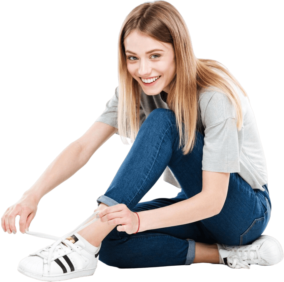 Smiling customer in sneakers